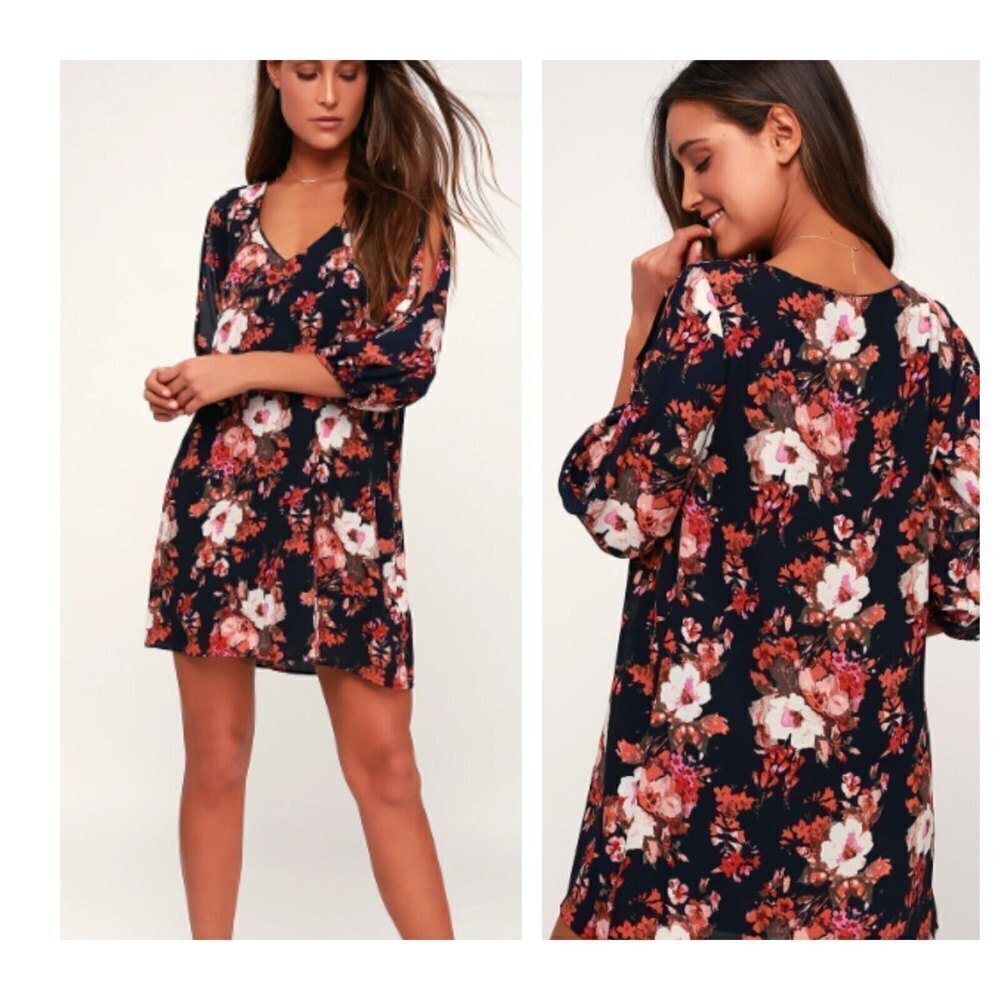 Lulu's Shifting Dears Floral Dress Slit Sleeves Scoop V-Neck Lined Short Flowy S